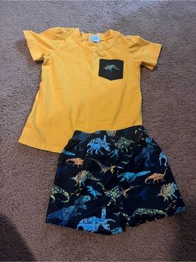 Yellow Tee & Navy Dinosaur Swim Shorts Set